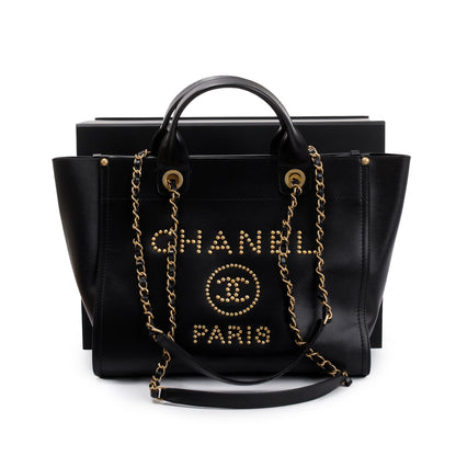 Chanel Black Caviar Leather Medium Studded Deauville Tote