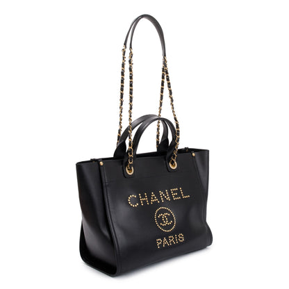 Chanel Black Caviar Leather Medium Studded Deauville Tote