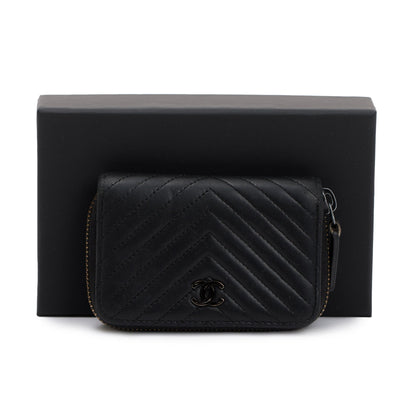 Chanel Black Chevron Calfskin Leather Classic Zipped Coin Purse