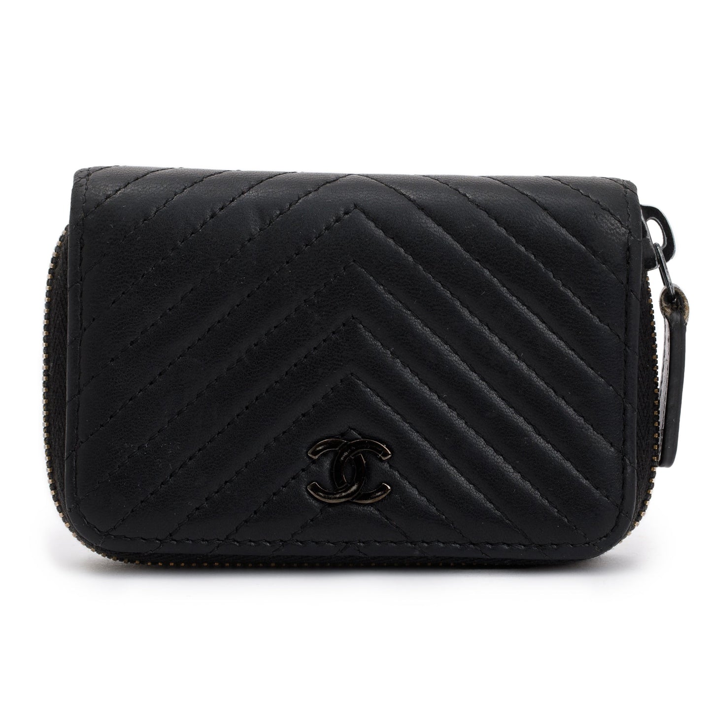 Chanel Black Chevron Calfskin Leather Classic Zipped Coin Purse