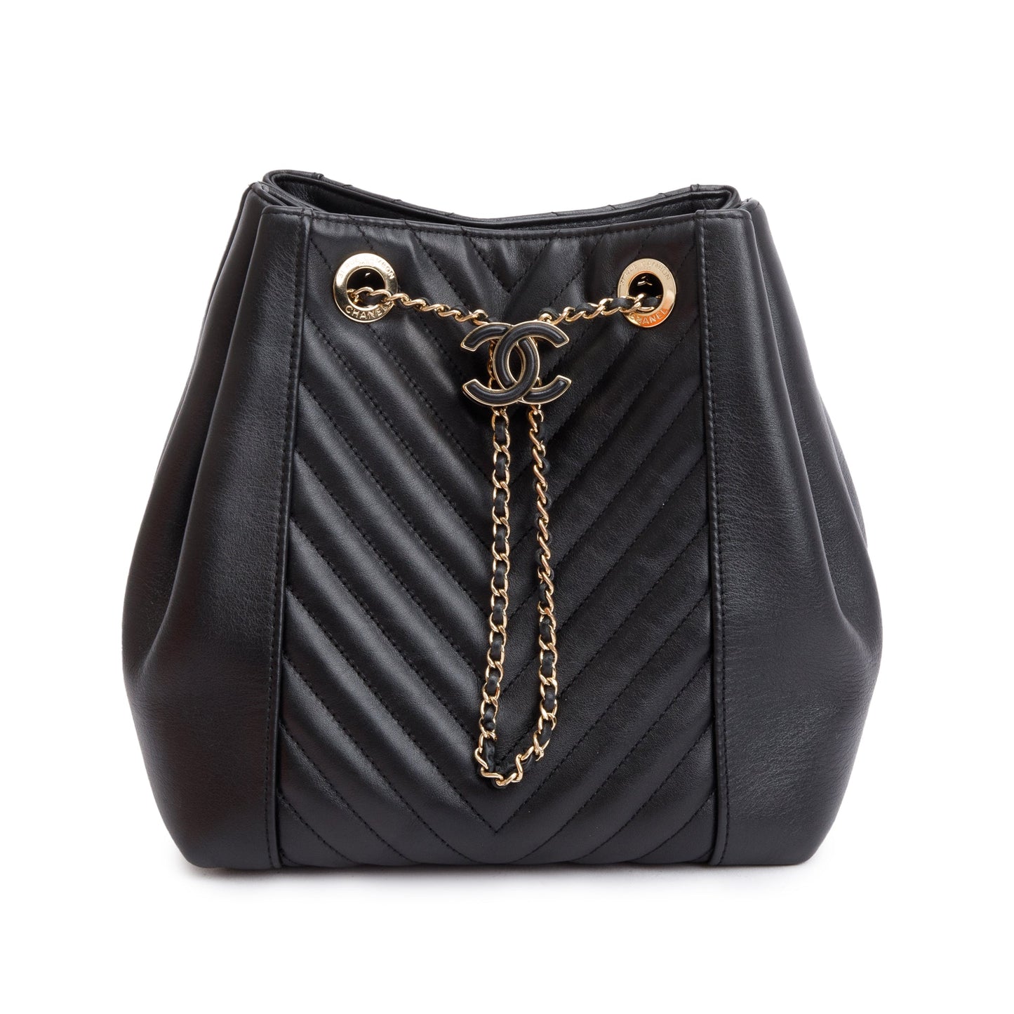 Chanel Black Chevron Calfskin Leather Drawstring Bucket Crossbody Bag