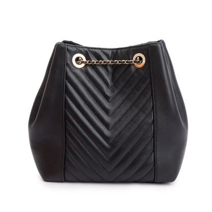 Chanel Black Chevron Calfskin Leather Drawstring Bucket Crossbody Bag