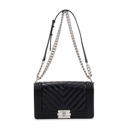 Chanel Black Chevron Caviar Medium Boy Bag