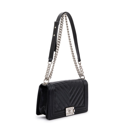 Chanel Black Chevron Caviar Medium Boy Bag