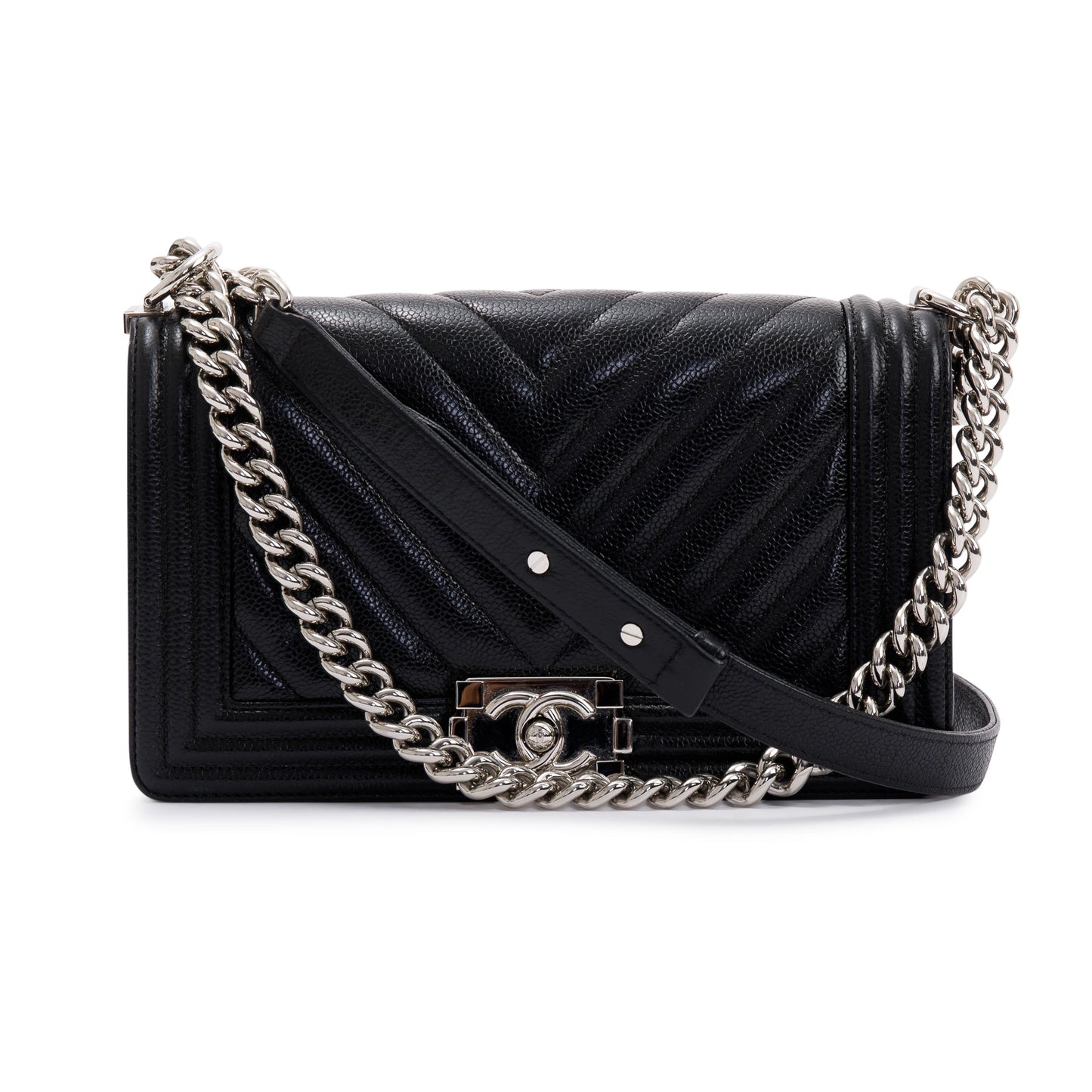 Chanel Black Chevron Caviar Medium Boy Bag