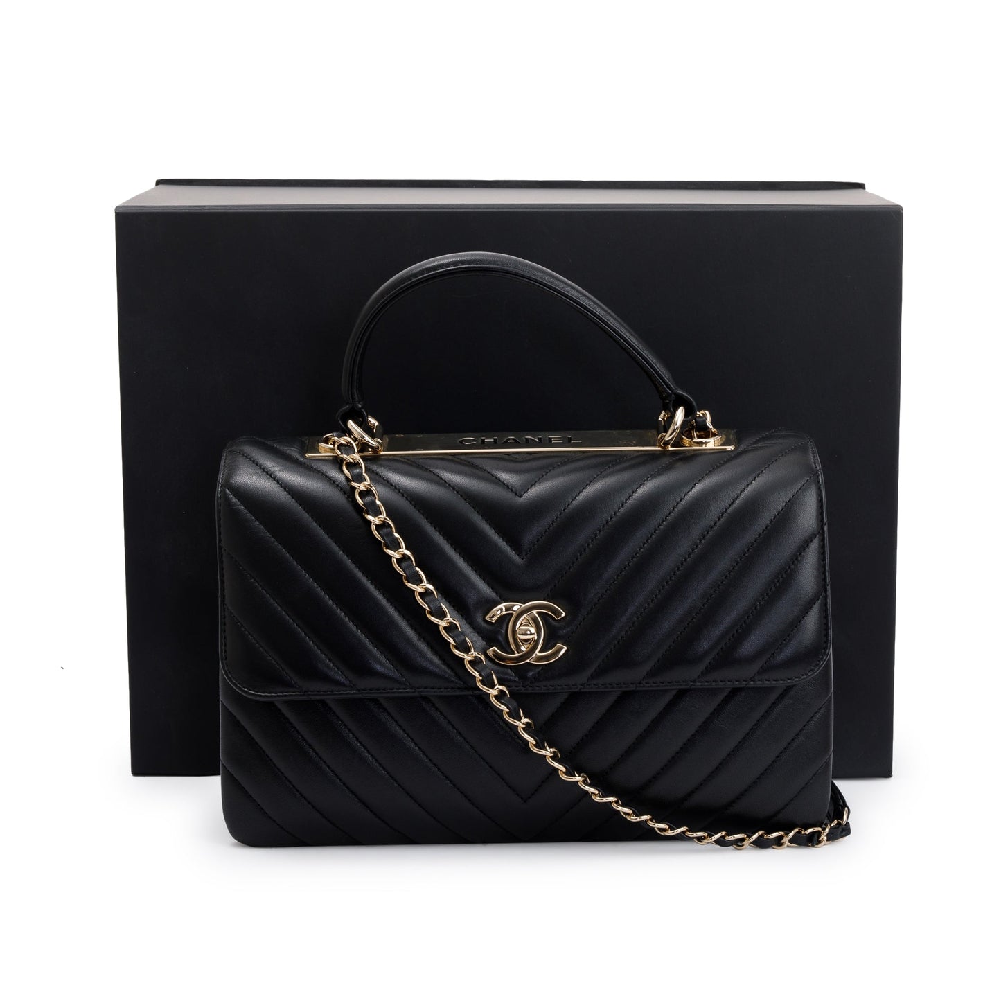 Chanel Black Chevron Lambskin Trendy CC Medium Top Handle Flap Bag
