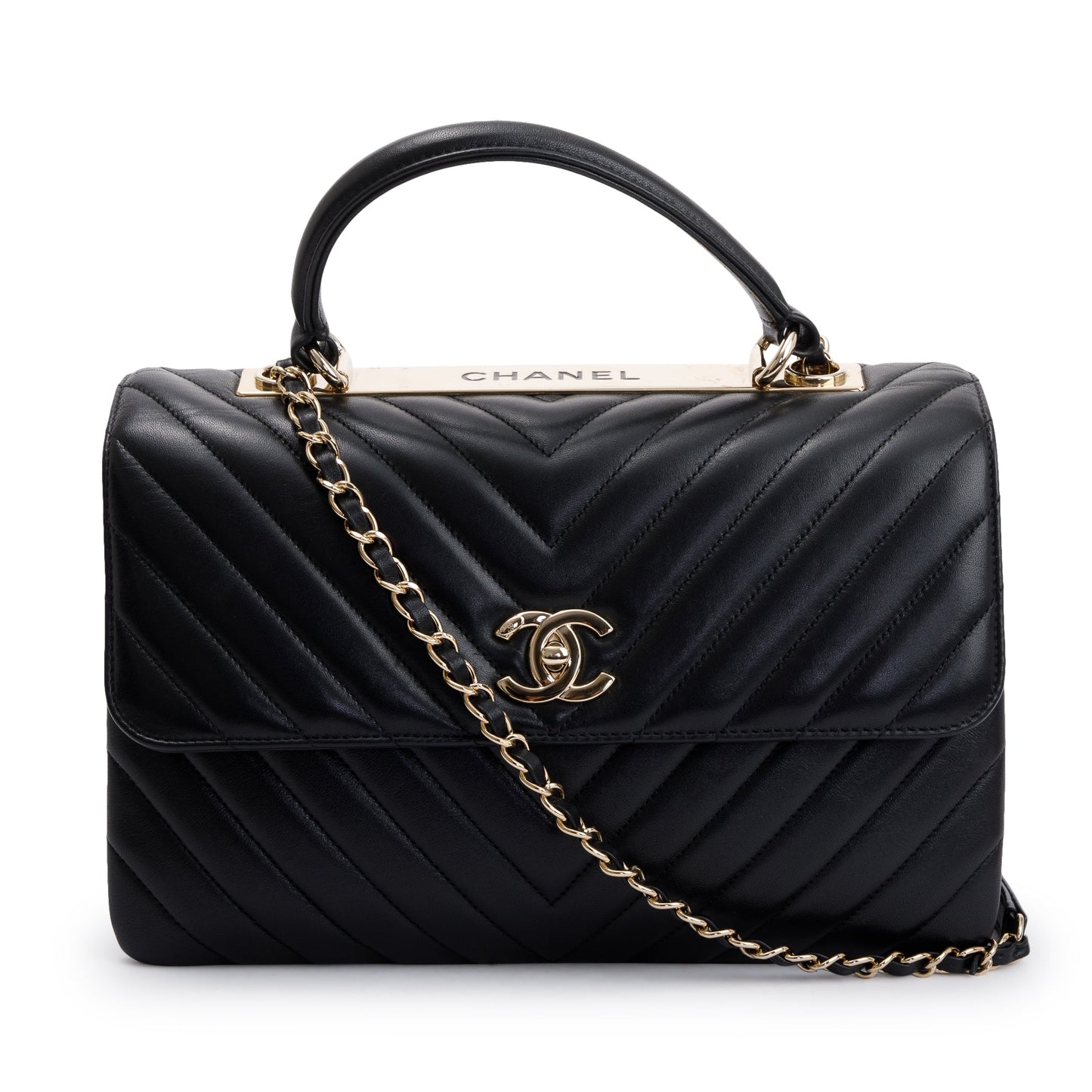 Chanel Black Chevron Lambskin Trendy CC Medium Top Handle Flap Bag