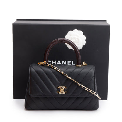 Chanel Black Chevron Quilted Caviar Leather Lizard Coco Top Handle Flap Bag