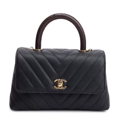 Chanel Black Chevron Quilted Caviar Leather Lizard Coco Top Handle Flap Bag