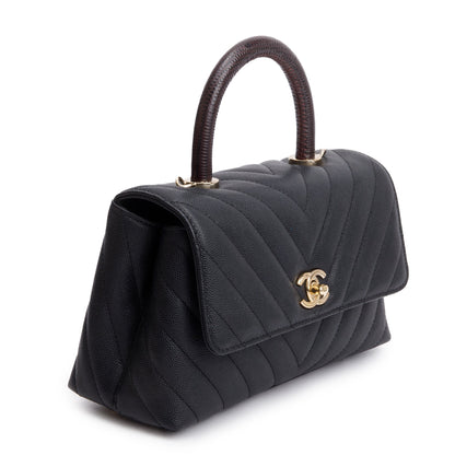 Chanel Black Chevron Quilted Caviar Leather Lizard Coco Top Handle Flap Bag