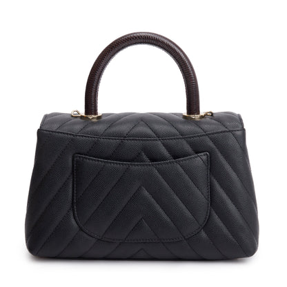Chanel Black Chevron Quilted Caviar Leather Lizard Coco Top Handle Flap Bag