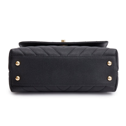 Chanel Black Chevron Quilted Caviar Leather Lizard Coco Top Handle Flap Bag