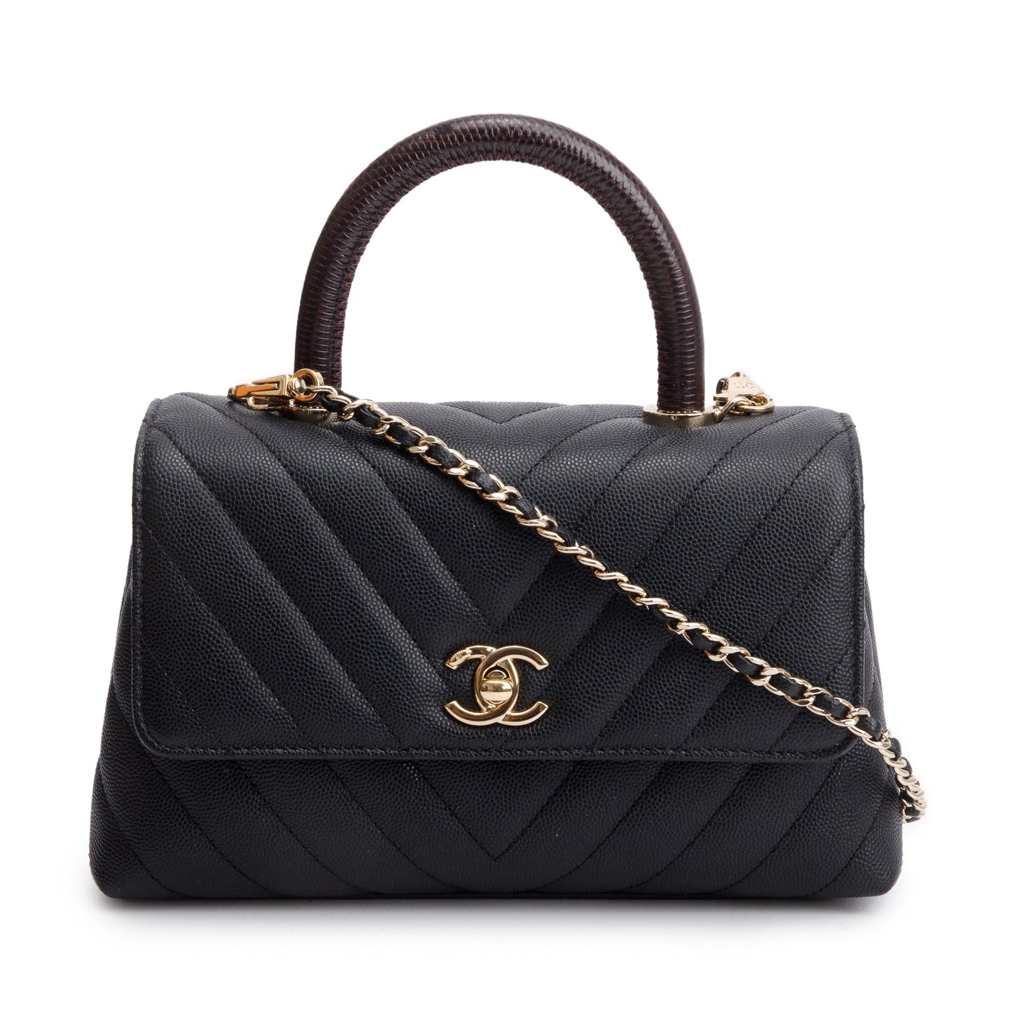 Chanel Black Chevron Quilted Caviar Leather Lizard Coco Top Handle Flap Bag