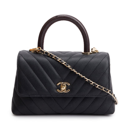 Chanel Black Chevron Quilted Caviar Leather Lizard Coco Top Handle Flap Bag