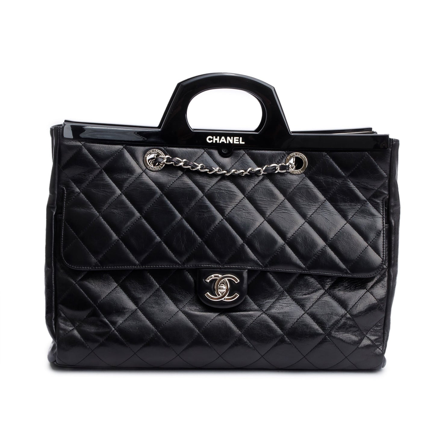 Chanel Black Glazed Calfskin Leather Large CC Delivery Tote