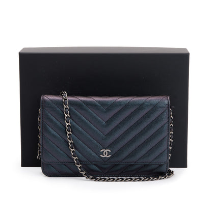 Chanel Black Iridescent Caviar Leather Chevron Wallet on Chain
