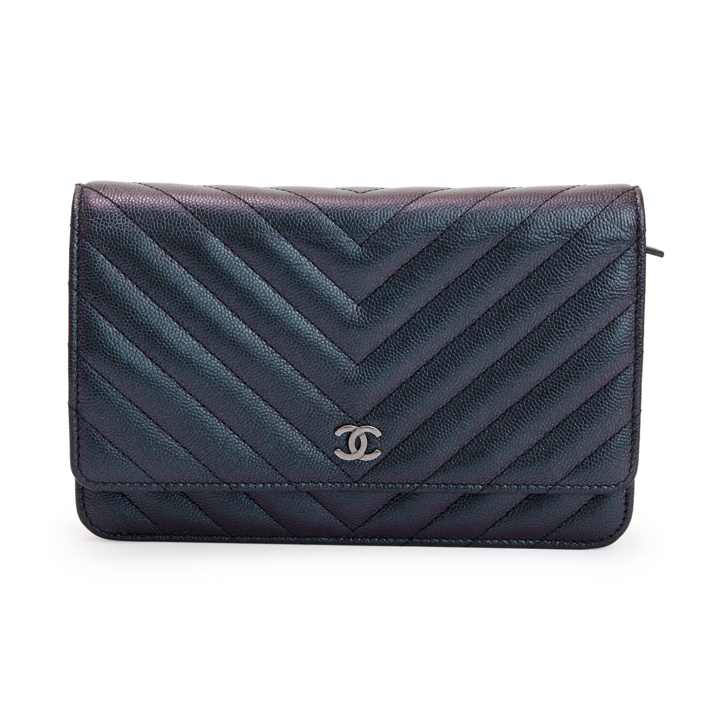 Chanel Black Iridescent Caviar Leather Chevron Wallet on Chain