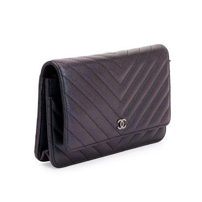 Chanel Black Iridescent Caviar Leather Chevron Wallet on Chain