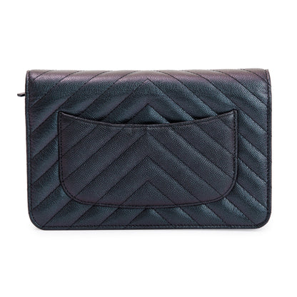 Chanel Black Iridescent Caviar Leather Chevron Wallet on Chain