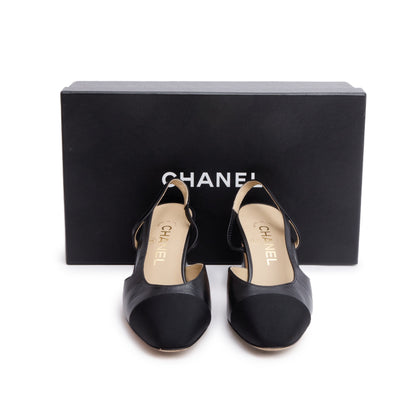 Chanel Black Lambskin Grosgrain Interlocking CC Logo Sling Back Shoes, Size 36