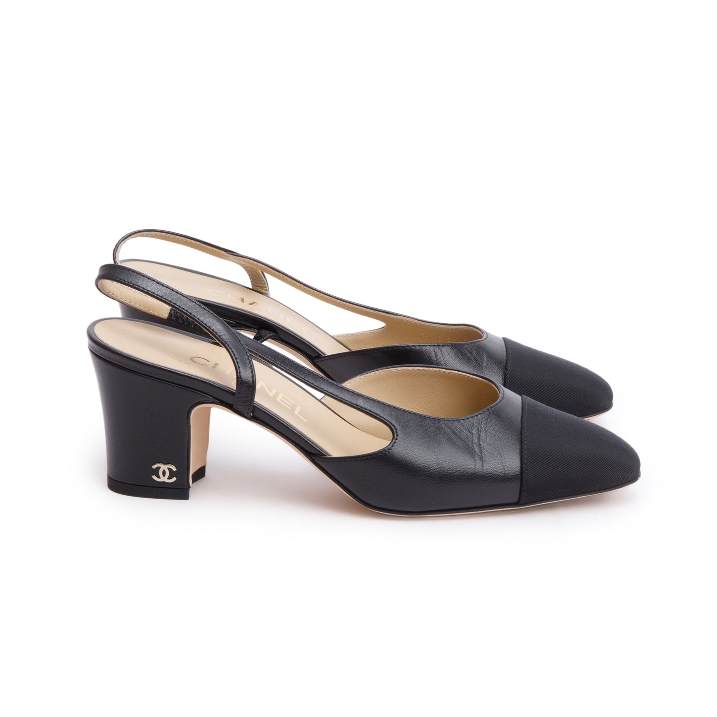 Chanel Black Lambskin Grosgrain Interlocking CC Logo Sling Back Shoes, Size 36