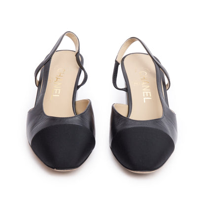 Chanel Black Lambskin Grosgrain Interlocking CC Logo Sling Back Shoes, Size 36
