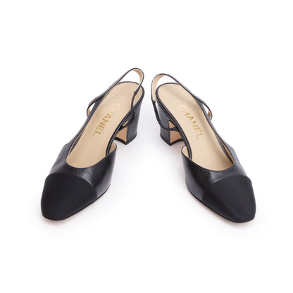 Chanel Black Lambskin Grosgrain Interlocking CC Logo Sling Back Shoes, Size 36
