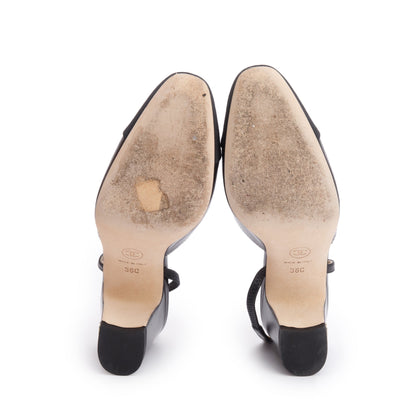 Chanel Black Lambskin Grosgrain Interlocking CC Logo Sling Back Shoes, Size 36