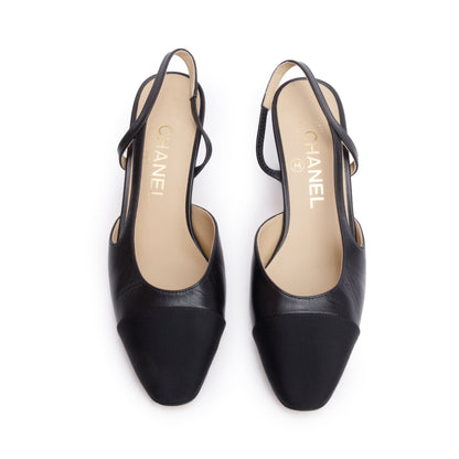 Chanel Black Lambskin Grosgrain Interlocking CC Logo Sling Back Shoes, Size 36
