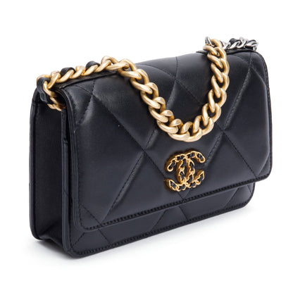 Chanel Black Lambskin Leather 19 Wallet On Chain