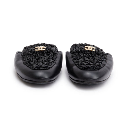 Chanel Black Lambskin Leather CC Beaded Flat Mules, Size 40