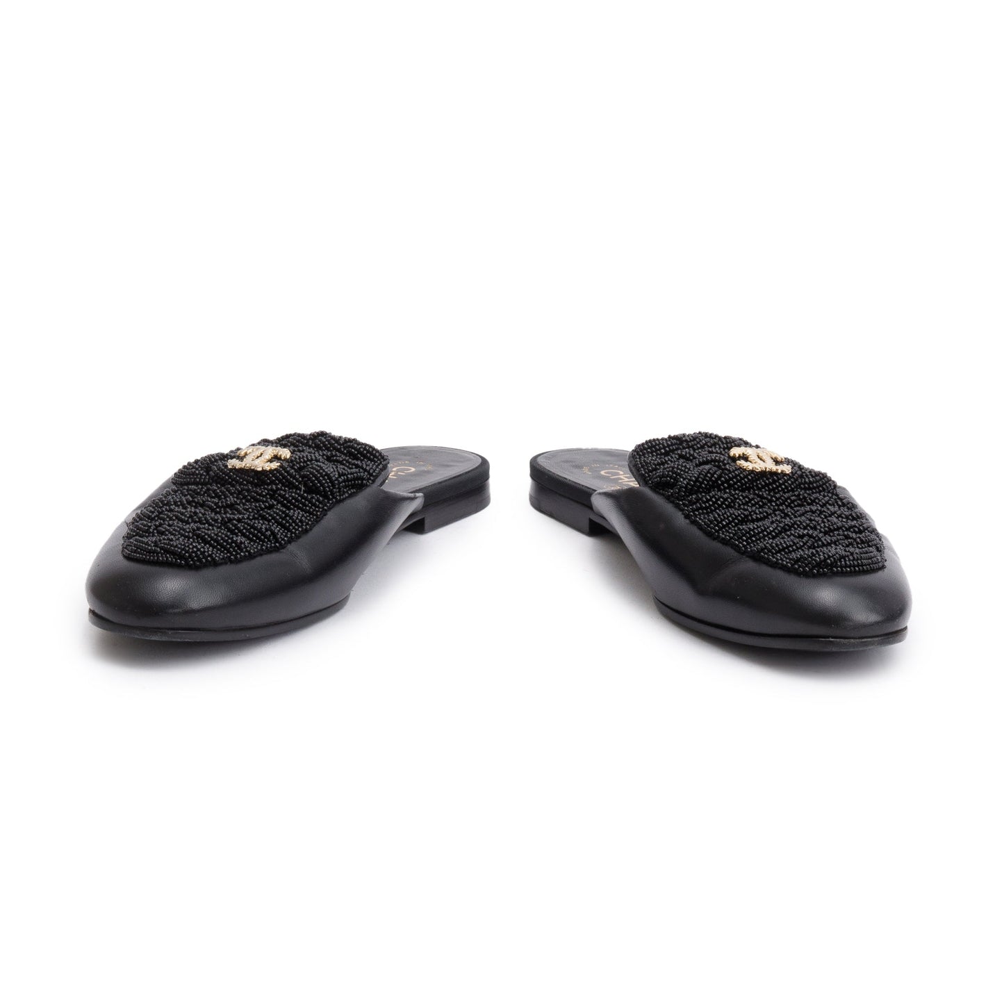 Chanel Black Lambskin Leather CC Beaded Flat Mules, Size 40