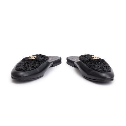 Chanel Black Lambskin Leather CC Beaded Flat Mules, Size 40