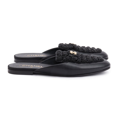 Chanel Black Lambskin Leather CC Beaded Flat Mules, Size 40