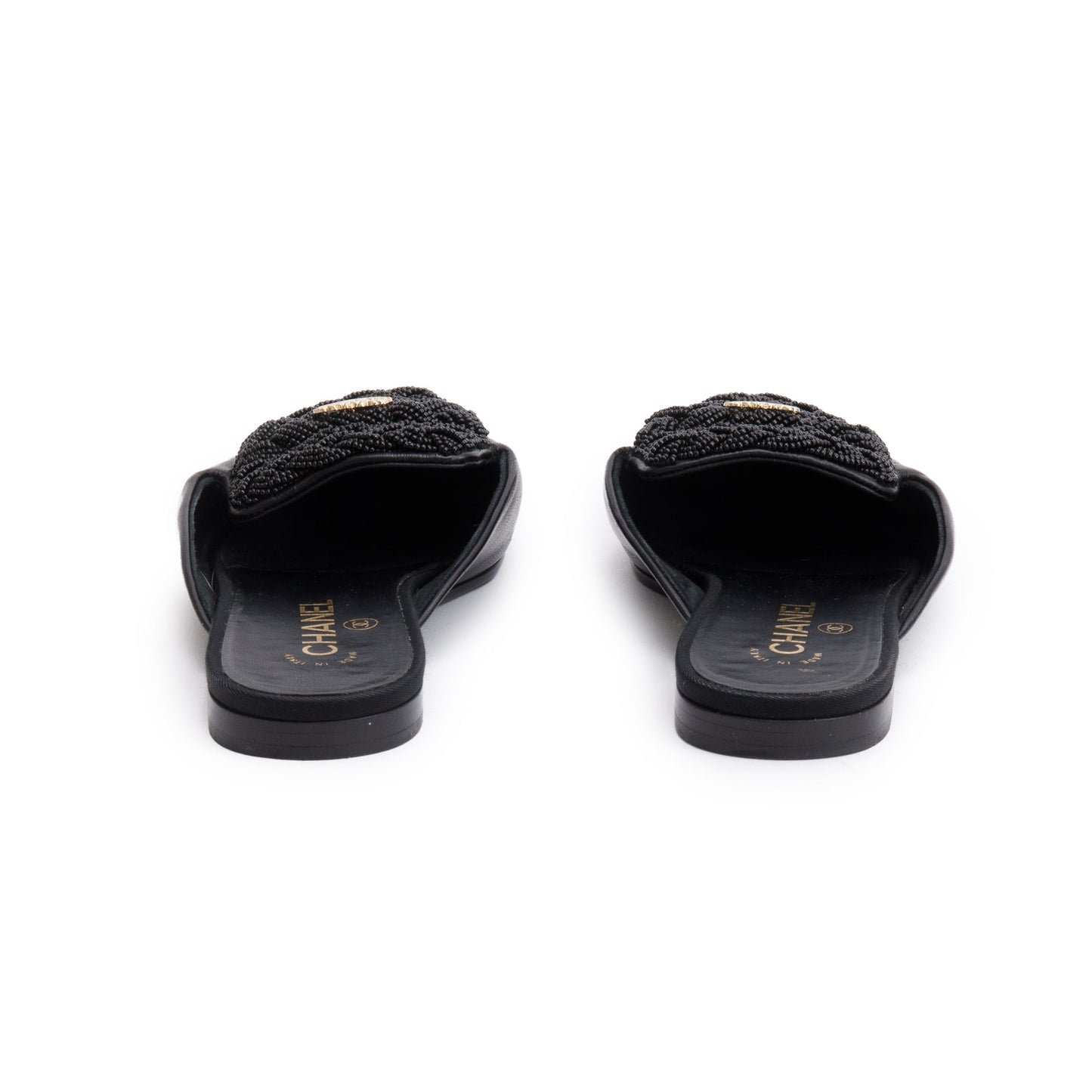 Chanel Black Lambskin Leather CC Beaded Flat Mules, Size 40