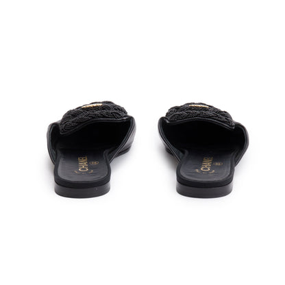 Chanel Black Lambskin Leather CC Beaded Flat Mules, Size 40