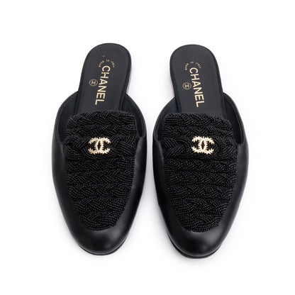 Chanel Black Lambskin Leather CC Beaded Flat Mules, Size 40