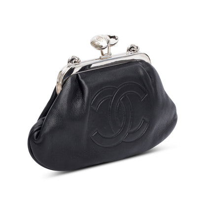 Chanel Black Lambskin Leather CC Kisslock Frame Evening Clutch Bag