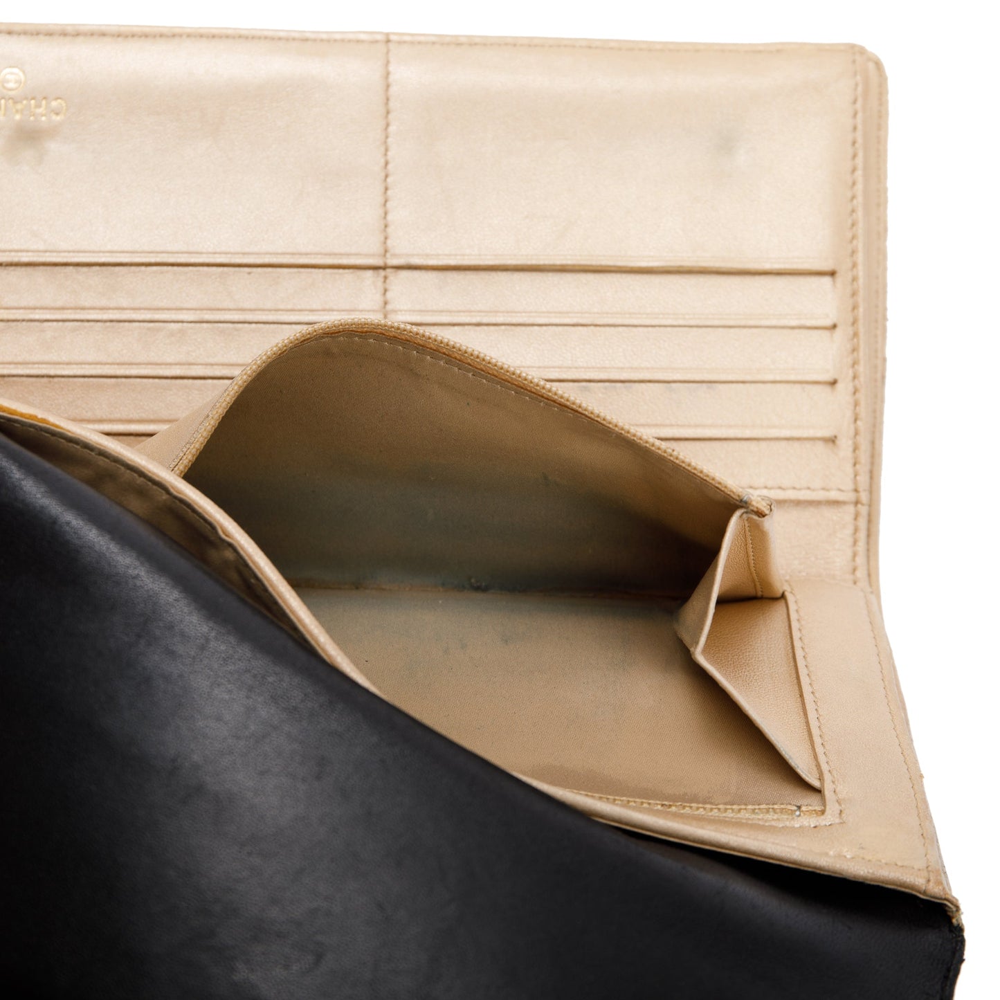 Chanel Black Lambskin Leather CC Logo Camellia Trifold Wallet