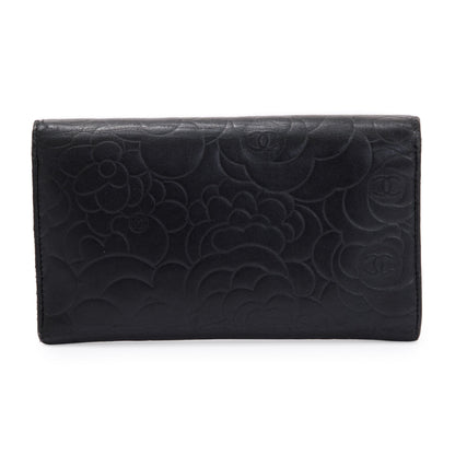 Chanel Black Lambskin Leather CC Logo Camellia Trifold Wallet