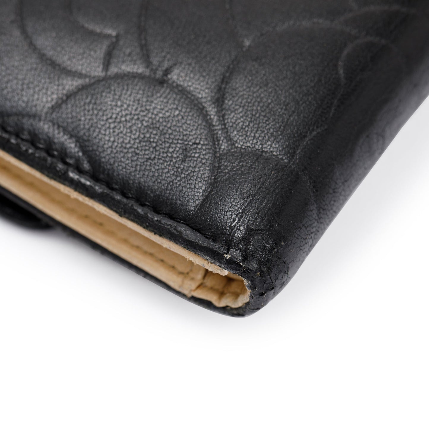 Chanel Black Lambskin Leather CC Logo Camellia Trifold Wallet
