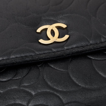 Chanel Black Lambskin Leather CC Logo Camellia Trifold Wallet
