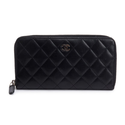Chanel Black Lambskin Leather Classic Large Gusset Zip Around Wallet