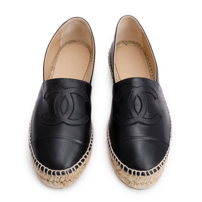 Chanel Black Lambskin Leather Interlocking CC Logo Espadrilles, Size 36