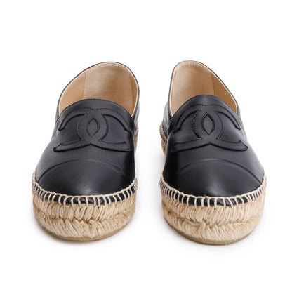Chanel Black Lambskin Leather Interlocking CC Logo Espadrilles, Size 36