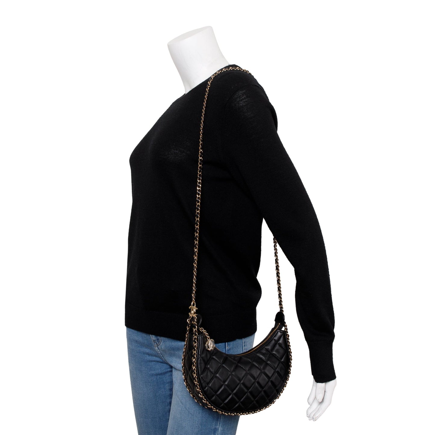 Chanel Black Lambskin Leather Small Chain Around Hobo Bag