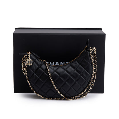Chanel Black Lambskin Leather Small Chain Around Hobo Bag