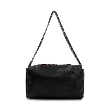 Chanel Black Lambskin Leather Tweed Camellia Petals Flap Bag