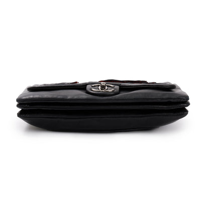 Chanel Black Lambskin Leather Tweed Camellia Petals Flap Bag