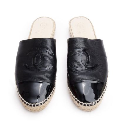 Chanel Black Leather CC Logo Espadrille Mule, Size 40